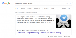 Telegram Upcoming features search snippet